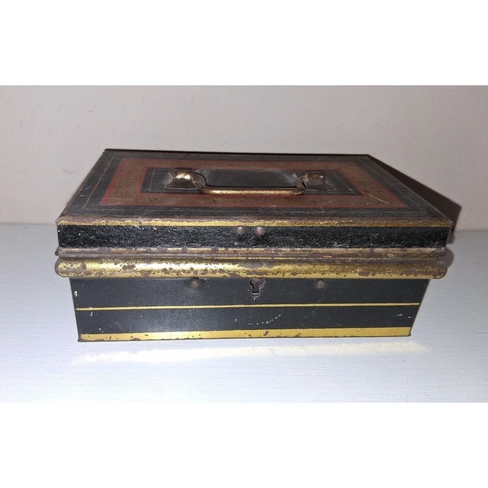 Vintage Antique English Made Tin Document Box Cash Box Black Gold Tole Style